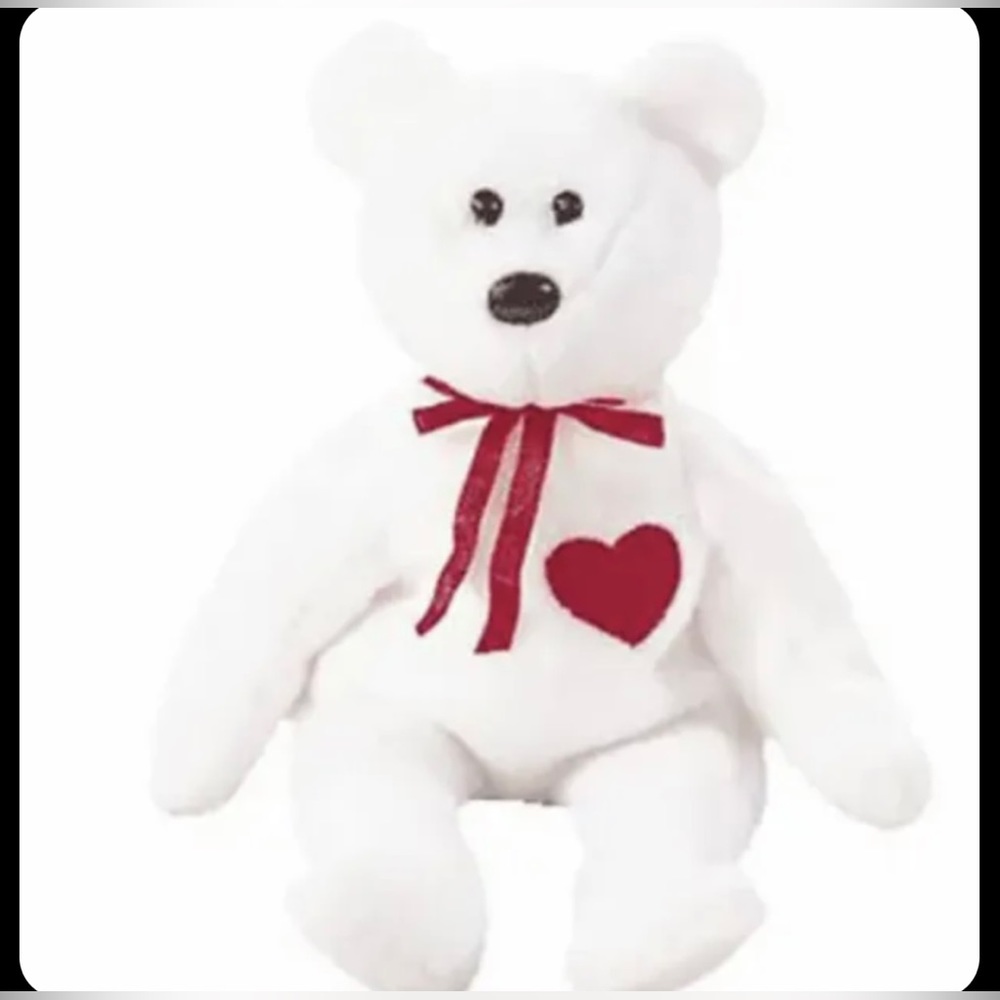 Ty Valentino The White Bear With Red Heart Beanie Babies. Retired.  MWMT